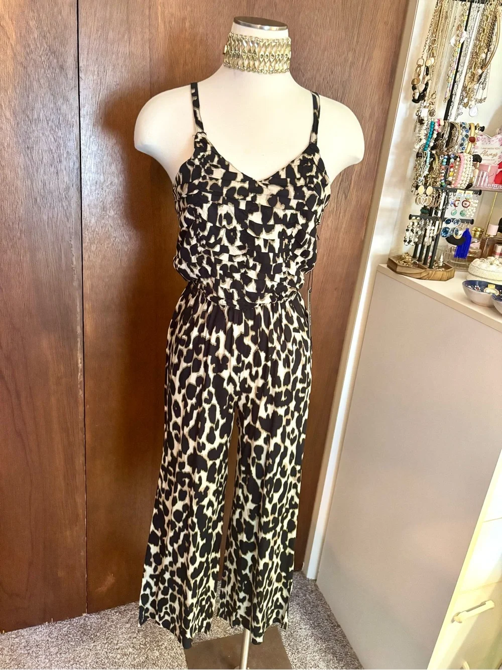 Women’s Black & Cream Leopard-Print Spaghetti-Strap Jumpsuit - Picture 2 of 4